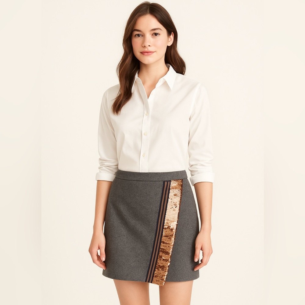 J.Crew Grey Wool Mini Skirt with Gold Sequin Accent Open Flap Fully Lined Sz 2